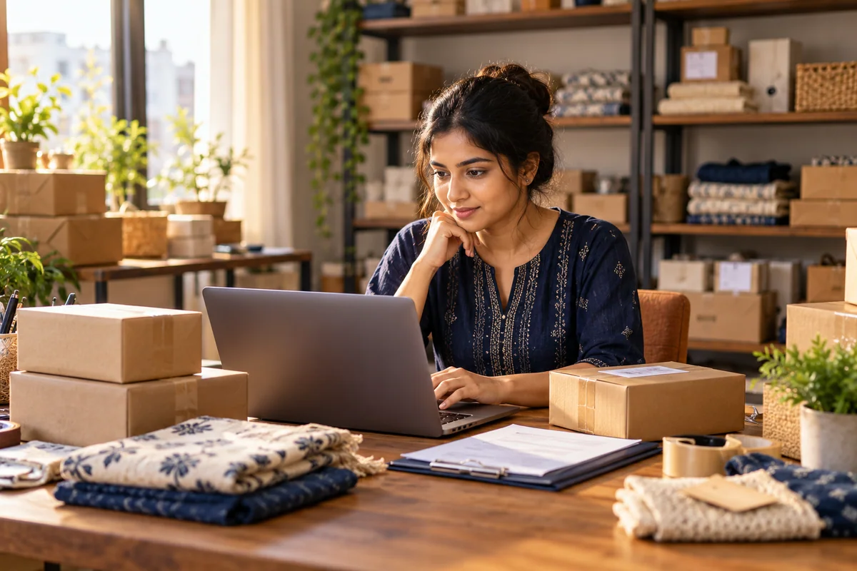 An Indian small-business owner packing online orders beside her laptop