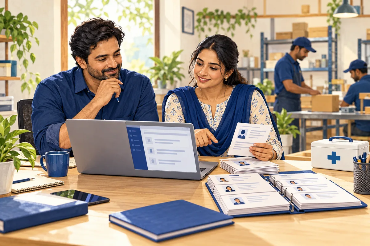 Editorial illustration of an employer organising employee records beside a healthcare protection symbol