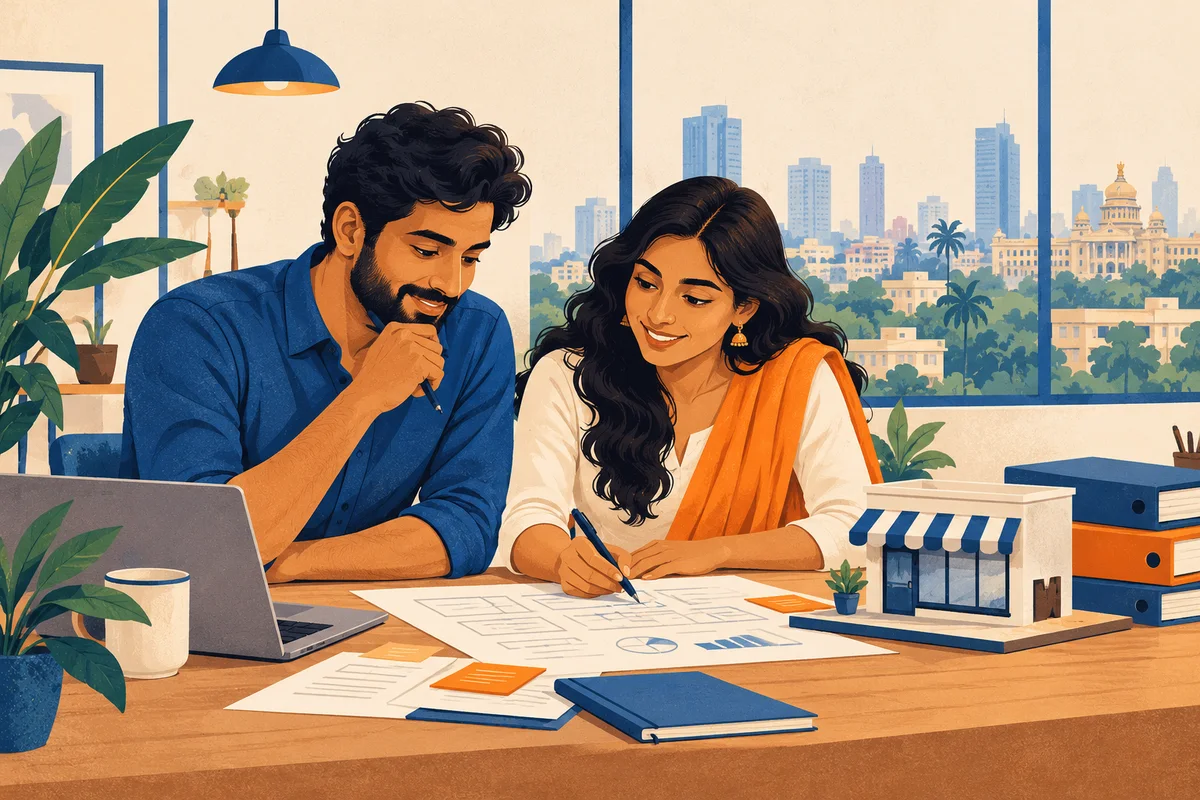Illustration of two founders planning at a desk with a storefront model and Bengaluru skyline
