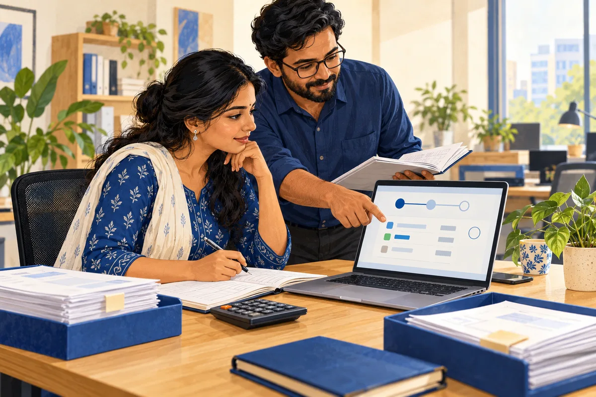 Illustration of a business owner and bookkeeper checking invoices and a tax summary together before authorisation