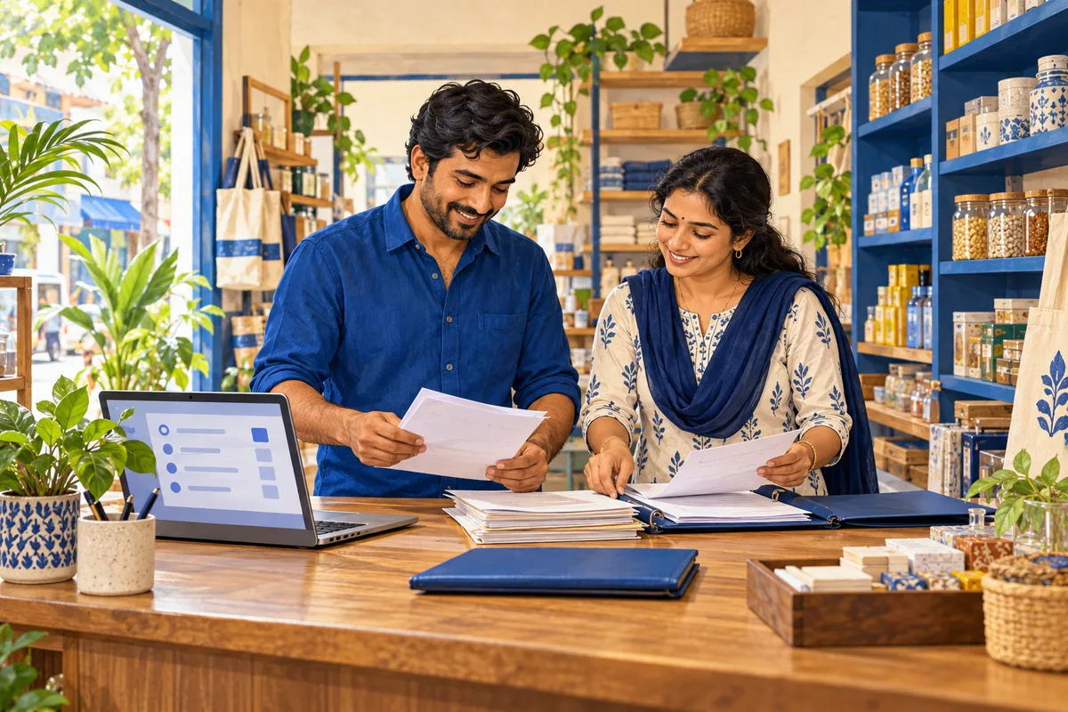 Editorial illustration of a Karnataka shop owner preparing establishment records and an online registration checklist